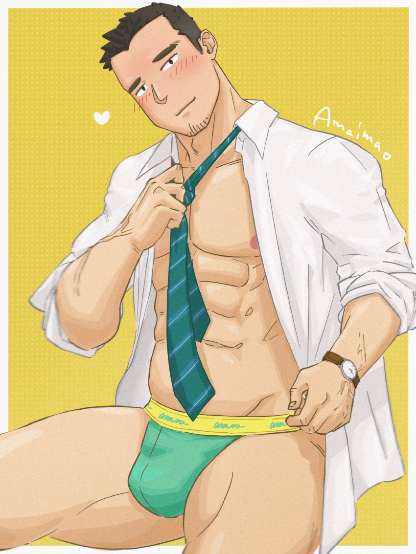 1boy abs amaimao bara bare_pectorals blush collared_shirt come_hither facial_hair feet_out_of_frame goatee green_male_underwear head_tilt highres large_pectorals looking_at_viewer loose_necktie male_focus male_underwear mature_male muscular muscular_male navel necktie nipples no_pants open_clothes open_shirt original pectorals salaryman shirt short_hair smile solo stubble thick_eyebrows thick_thighs thighs underwear undressing veins veiny_arms