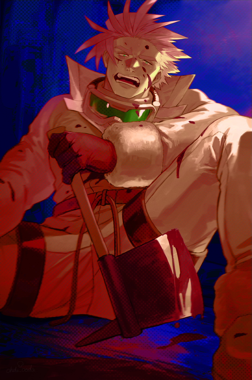 1boy absurdres axe bara blood blood_on_face blood_on_weapon deruha_(this_communication) feet_out_of_frame frown gloves high_collar highres holding holding_axe huge_eyebrows looking_at_viewer male_focus muscular muscular_male pants pectorals pink_hair saida_(ohda_ooda) short_hair solo spiked_hair spread_legs this_communication weapon wide_spread_legs