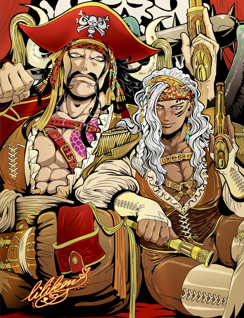 2boys abs absurdres bandana bara bare_pectorals biliken black_hair black_wings braid club_(weapon) dark_skin facial_hair facial_tattoo gun hat highres holding holding_gun holding_weapon horns kaidou_(one_piece) king_(one_piece) large_pectorals long_hair looking_at_viewer male_focus mature_male multiple_boys muscular muscular_male mustache one_piece pectorals pirate pirate_hat red_eyes single_braid sitting smile spiked_club tattoo telescope weapon white_hair wings yellow_eyes