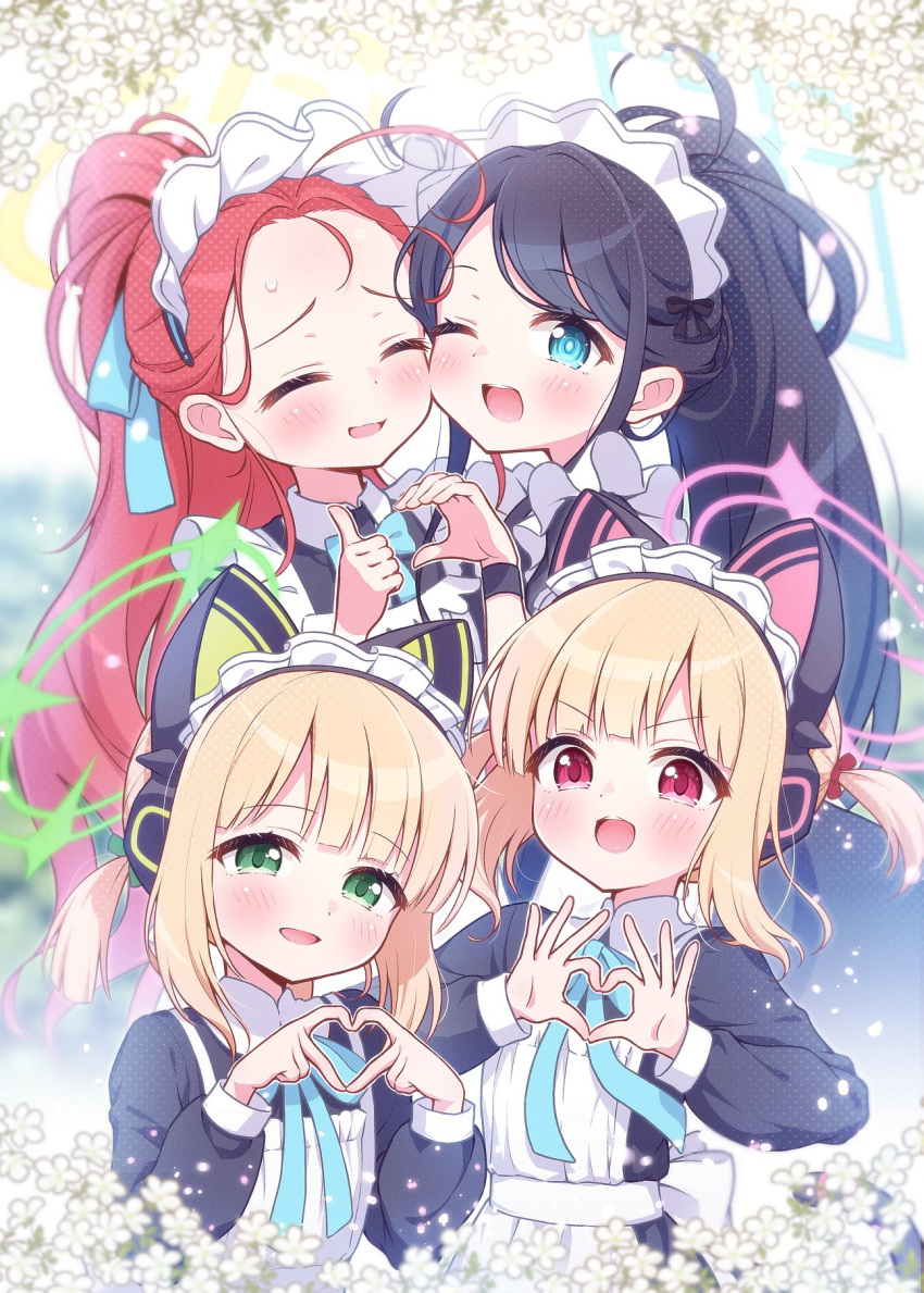 4girls :d ;d ^_^ animal_ear_headphones animal_ears apron aris_(blue_archive) aris_(maid)_(blue_archive) black_dress black_hair blue_archive blue_bow blue_eyes blush bow closed_eyes collared_dress commentary_request dress fake_animal_ears flower forehead frilled_apron frills green_bow green_eyes hair_bow halo headphones heart heart_hands heart_hands_failure highres long_hair long_sleeves maid maid_apron maid_headdress midori_(blue_archive) midori_(maid)_(blue_archive) momoi_(blue_archive) momoi_(maid)_(blue_archive) multiple_girls one_eye_closed ponytail puffy_long_sleeves puffy_sleeves red_bow red_eyes red_hair smile sweat swept_bangs twintails v-shaped_eyebrows very_long_hair white_apron white_flower wodaex yuzu_(blue_archive) yuzu_(maid)_(blue_archive)