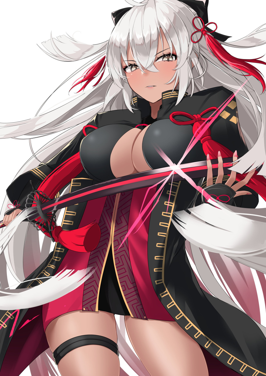 1girl absurdres ahoge arm_guards black_bow blush bow breasts cleavage cleavage_cutout clothing_cutout dark-skinned_female dark_skin fate/grand_order fate_(series) hair_between_eyes hair_bow hair_ornament high_collar highres katana koha-ace large_breasts long_hair looking_at_viewer nglhonn okita_souji_(fate) okita_souji_alter_(fate) red_scarf scarf solo sword tassel very_long_hair weapon white_hair yellow_eyes