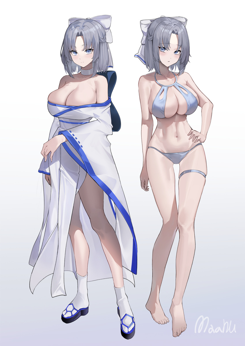 1girl bare_arms bare_legs bare_shoulders bikini black_footwear blue_eyes bow breasts choker cleavage commentary_request full_body gradient_background grey_background grey_bikini grey_hair hair_bow hand_on_own_hip highres japanese_clothes kimono large_breasts long_sleeves looking_at_viewer maanu multiple_views navel off_shoulder sandals senran_kagura short_hair socks standing stomach swimsuit white_background white_bow white_choker white_kimono white_socks wide_sleeves yumi_(senran_kagura)