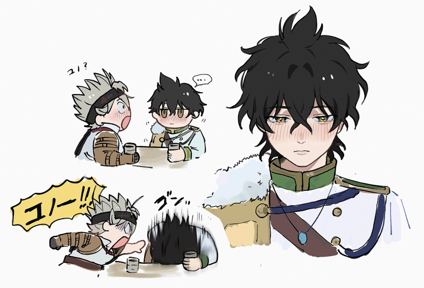 2boys absurdres asta_(black_clover) black_clover black_hair black_headband blush brakuro_oji buttons capelet chibi closed_mouth collared_shirt cup drinking drunk fur-trimmed_capelet fur_trim grey_hair headband highres looking_at_another looking_at_viewer multiple_boys shirt short_hair spiked_hair white_background yellow_eyes yuno_(black_clover)