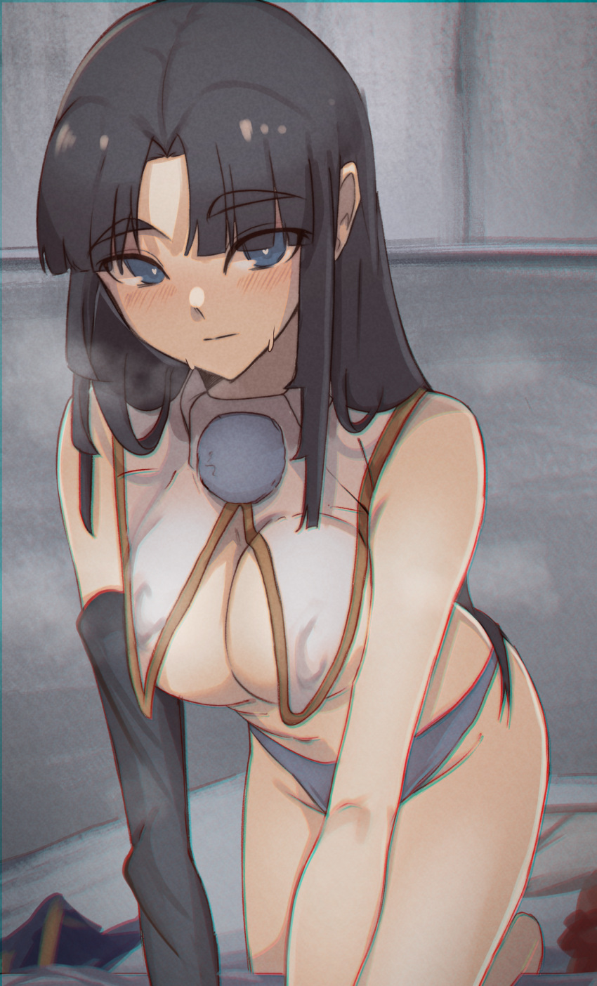 1girl absurdres all_fours arm_support bare_shoulders black_hair blue_eyes blunt_bangs blush breast_curtains breasts chromatic_aberration cleavage code_nt commentary detached_sleeves english_commentary fate/grand_order fate_(series) hair_down heart heart-shaped_pupils highres kneeling long_hair looking_at_viewer no_pants parted_bangs revealing_clothes solo sweatdrop symbol-shaped_pupils tsurime ushiwakamaru_(fate)