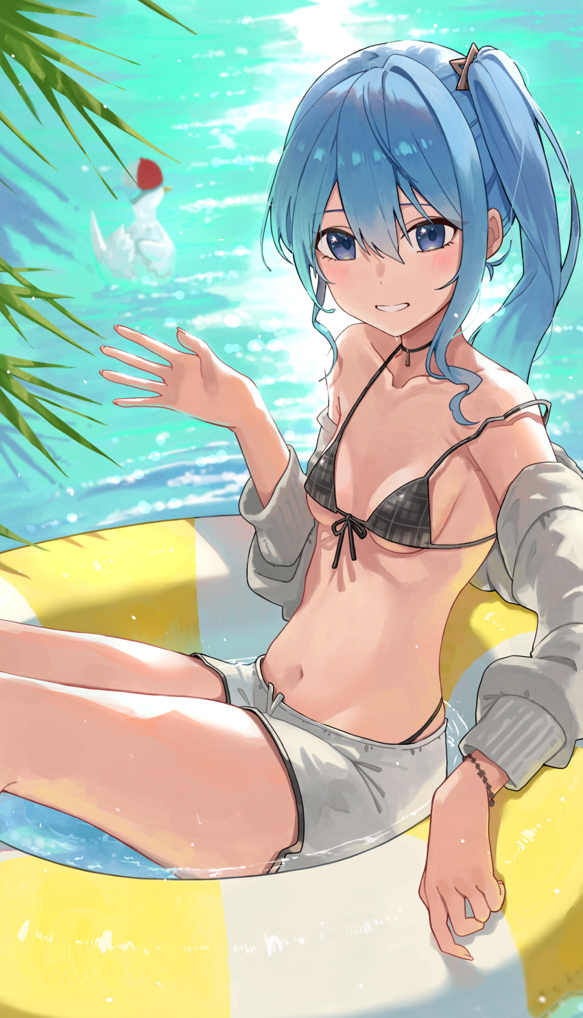 1girl absurdres afloat bikini bird black_bikini blue_eyes blue_hair duck elmo_(st_elmomomo) grin highres hololive hoshimachi_suisei innertube long_hair looking_at_viewer navel side_ponytail smile solo stomach subaru_duck swimsuit thighs virtual_youtuber water