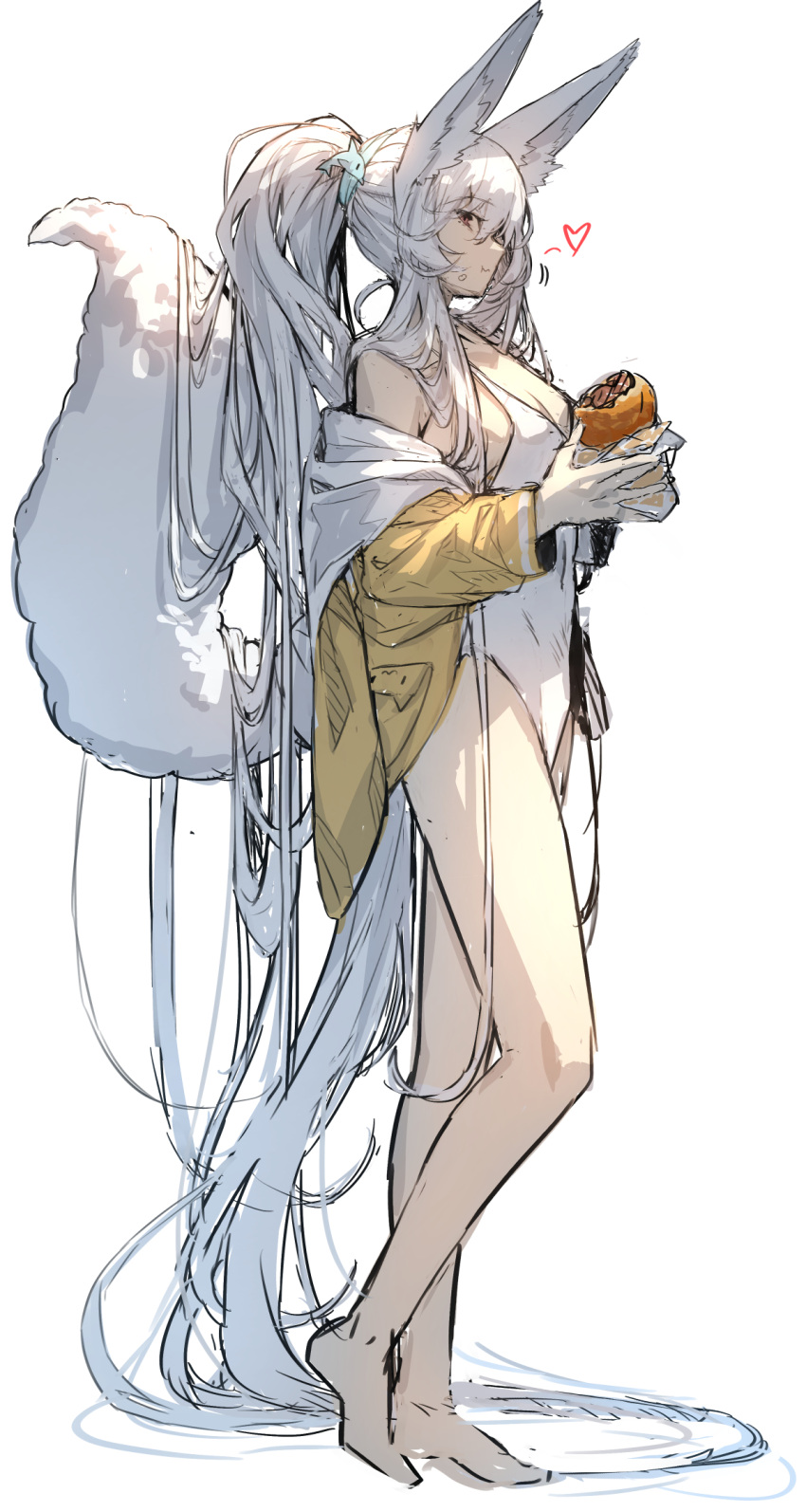 1girl :t animal_ear_fluff animal_ears bare_arms bare_shoulders barefoot breasts burger cleavage closed_mouth commentary_request dolphin_hair_ornament eating food food_on_face fox_ears fox_girl fox_tail full_body hair_between_eyes heart highres holding holding_food jacket long_hair long_sleeves medium_breasts off_shoulder one-piece_swimsuit open_clothes open_jacket original ponytail red_eyes simple_background solo standing swimsuit swimsuit_under_clothes tail very_long_hair white_background white_hair white_one-piece_swimsuit yellow_jacket yuuji_(yukimimi)