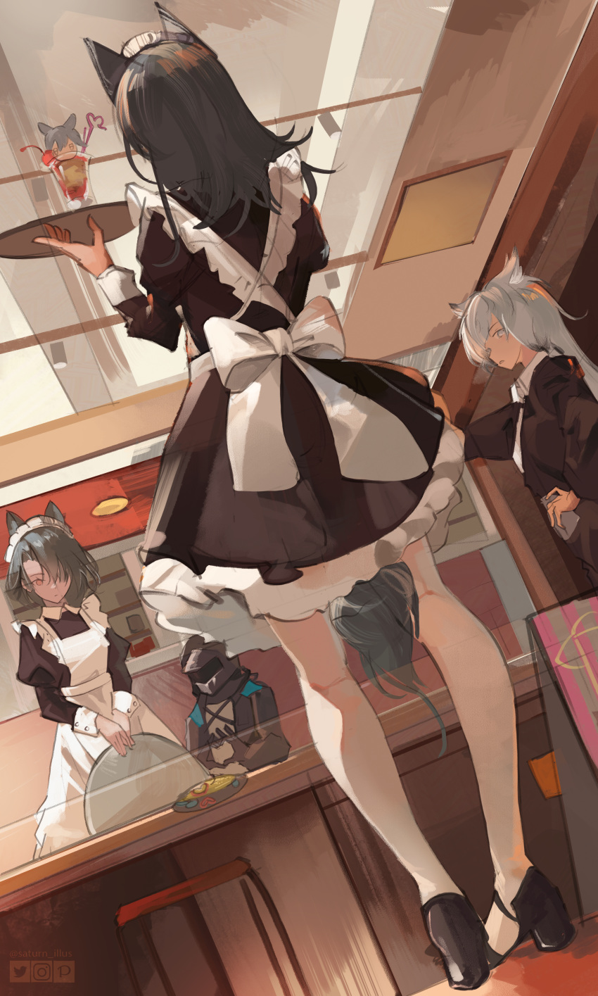 1other 3girls absurdres alternate_costume animal_ears apron arknights black_dress black_footwear black_hair cmdr_saturn doctor_(arknights) dress english_commentary from_behind grey_hair highres holding holding_tray indoors juliet_sleeves lappland_(arknights) long_hair long_sleeves maid maid_apron maid_headdress multiple_girls pantyhose penance_(arknights) puffy_sleeves texas_(arknights) tray white_apron white_pantyhose