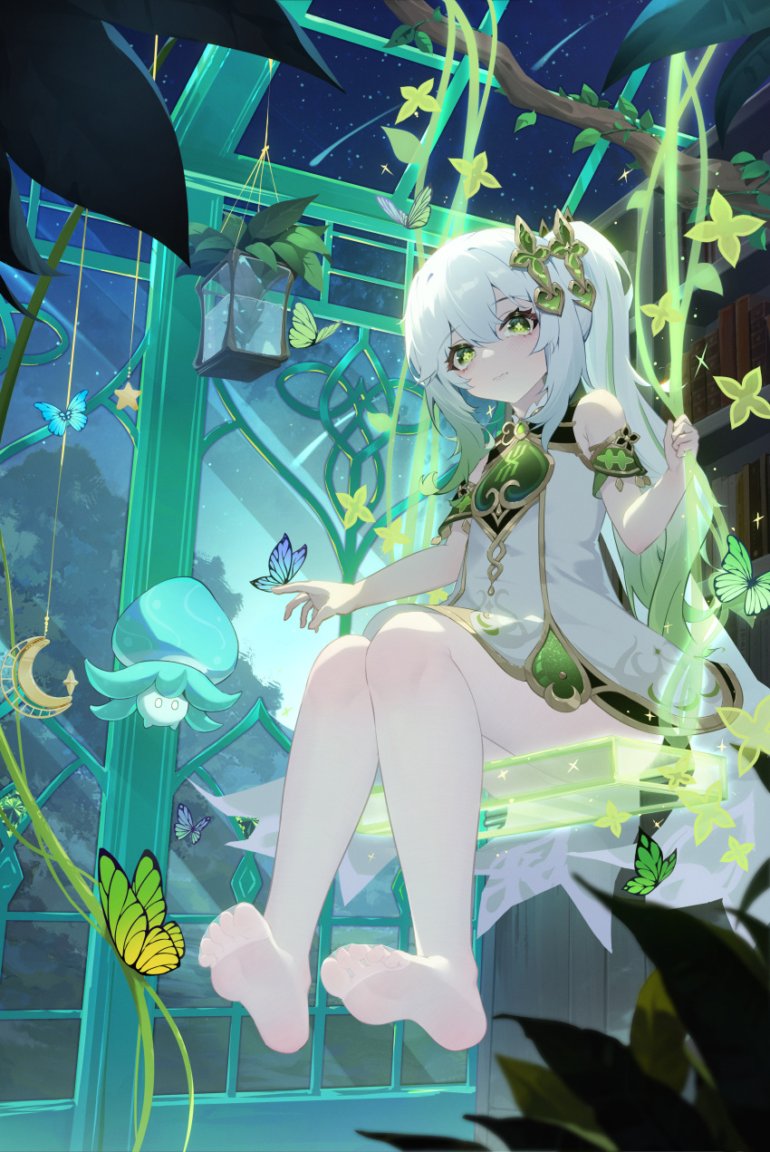 1girl absurdres armlet bare_shoulders blush branch bug butterfly closed_mouth feet genshin_impact green_eyes hair_between_eyes heiyizhushenxia highres leaf legs long_hair looking_at_viewer multicolored_hair nahida_(genshin_impact) pantyhose plant potted_plant side_ponytail sitting sleeveless streaked_hair toes vines