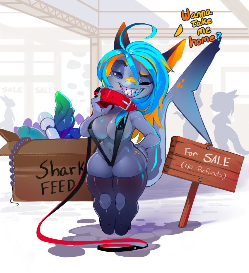 absurd_res anal_beads anthro bikini blue_hair breasts clothing dialogue dildo female fish hair hi_res marine sex_toy shark shnider short_stack sling_bikini swimwear thick_thighs vibrator