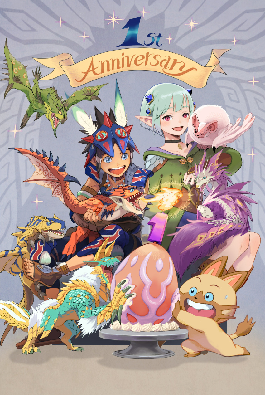 1girl 2boys absurdres anniversary armor blue_eyes cake claws commentary_request egg ena_(monster_hunter) fangs fireball food highres mizutsune monster_hunter_(series) monster_hunter_stories_2 multiple_boys naville_(monster_hunter_stories) official_art paolumu pointy_ears protagonist_(mhs2) rathalos rathian red_eyes smile tigrex wings zinogre