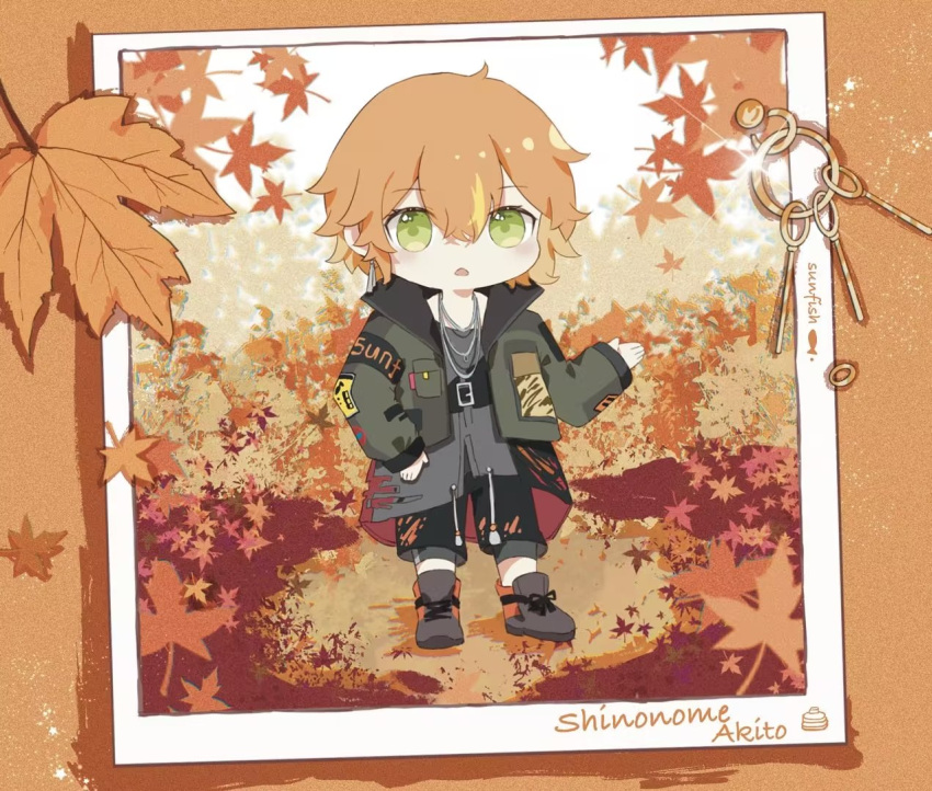 1boy :&lt; artist_name autumn autumn_leaves black_footwear black_shorts blonde_hair blush character_name collared_jacket commentary cropped_jacket drawstring falling_leaves full_body green_eyes grey_jacket grey_shirt hair_between_eyes hand_up jacket jewelry leaf male_focus maple_leaf multicolored_hair necklace official_alternate_costume open_clothes open_jacket open_mouth orange_hair orange_theme polaroid project_sekai raised_eyebrows shinonome_akito shirt shoes short_hair shorts sidelocks solo straight-on streaked_hair sunfish3939 the_power_of_unity_(project_sekai)