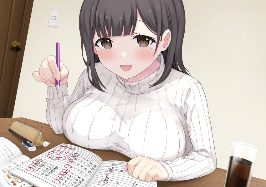 1girl :d black_eyes black_hair blunt_bangs blush book breast_rest breasts commentary_request cup door doorknob drinking_glass echiru39 highres holding holding_pen looking_at_viewer medium_hair notebook open_book open_mouth original paid_reward_available pen pencil_case smile solo sweater table turtleneck turtleneck_sweater upper_body white_sweater