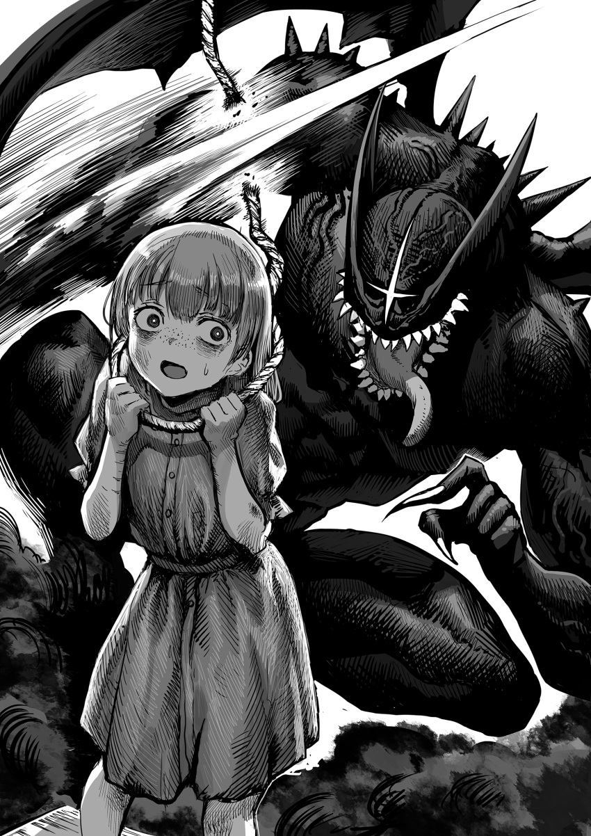 1girl 1other attempted_suicide black_skin colored_skin commentary_request cutting demon demon_wings dress female_child fingernails freckles gibagiba greyscale highres holding holding_rope long_tongue medium_hair monochrome motion_blur no_eyes noose open_mouth original outdoors rope rope_around_neck sharp_fingernails sharp_teeth short_sleeves spikes sweatdrop teeth tongue wings