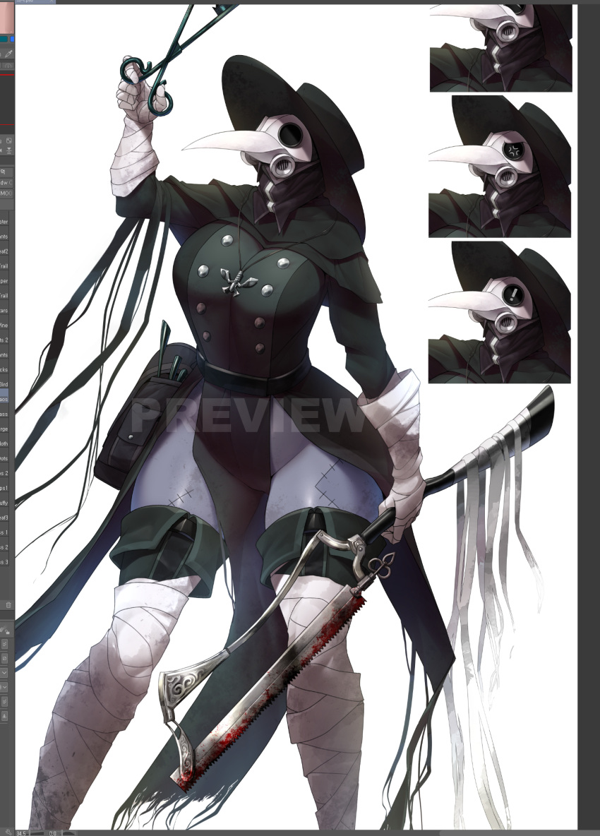 ! 1girl anger_vein bandaged_arm bandaged_hand bandaged_leg bandages belt black_belt black_footwear black_headwear boots breasts buttons double-breasted facing_up feet_out_of_frame groin highres holding holding_weapon jewelry large_breasts long_sleeves mask multiple_views necklace no_pants original plague_doctor plague_doctor_mask pouch saw sinensian thigh_boots weapon white_background