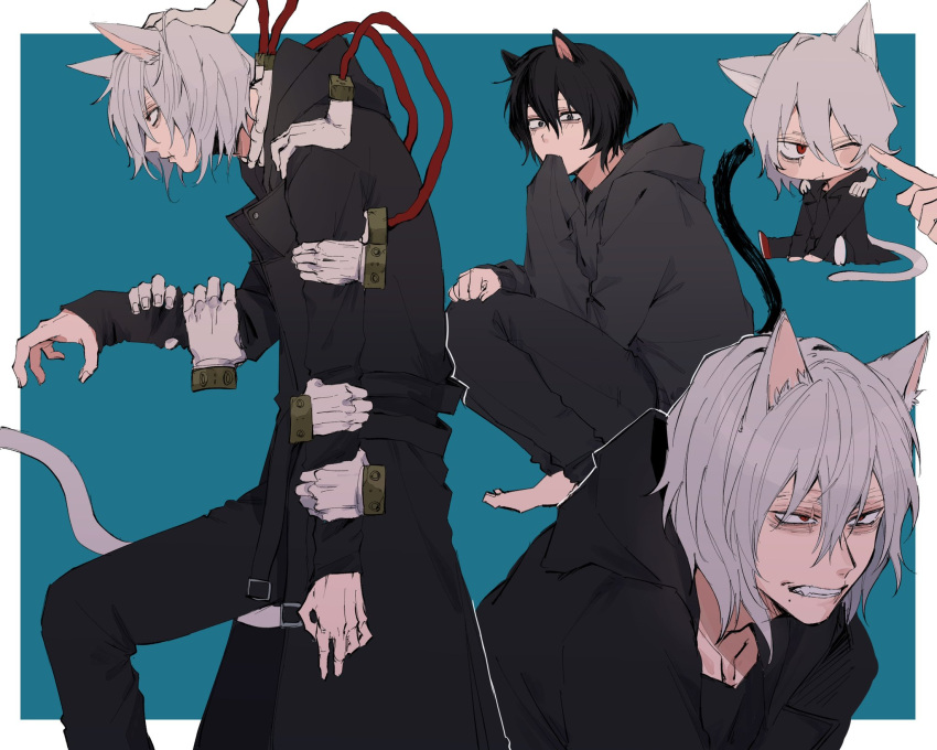 1boy animal_ears black_coat black_hair boku_no_hero_academia cat_ears cat_tail coat grey_hair highres ichiya1115 long_sleeves looking_at_viewer male_focus messy_hair mole mole_under_mouth multiple_hands multiple_views red_eyes scar scar_on_face scar_on_mouth shigaraki_tomura short_hair tail wrinkled_skin