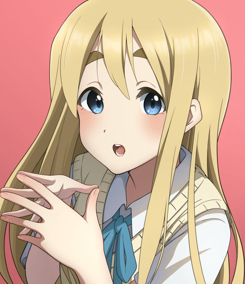 1girl 46_crt absurdres blonde_hair blue_eyes blue_ribbon blush collared_shirt hair_between_eyes highres k-on! kotobuki_tsumugi long_hair looking_at_viewer neck_ribbon parted_lips pink_background ribbon sakuragaoka_high_school_uniform school_uniform shirt sidelocks simple_background solo steepled_fingers summer_uniform sweater_vest teeth thick_eyebrows upper_body white_shirt yellow_sweater_vest