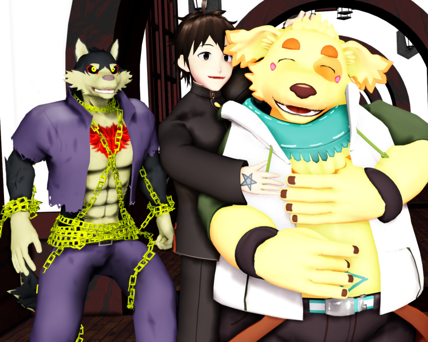 3d_(artwork) angry anthro belly blush canid canine canis chain clothed clothing cu_sith_(tas) digital_media_(artwork) domestic_dog garmr group happy hi_res human humanoid_hands jealous kemono lifewonders male malicekira mammal mmd muscular muscular_male overweight overweight_male petting_head protagonist_(tas) scarf tokyo_afterschool_summoners trio twink_protagonist_(tas)