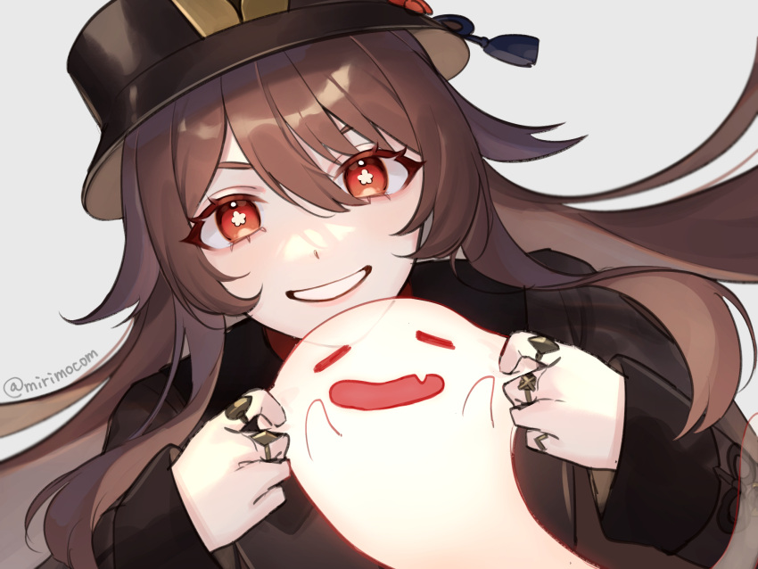 1girl boo_tao_(genshin_impact) brown_hair cheek_pull fang flower flower-shaped_pupils genshin_impact ghost grin hair_between_eyes hat highres hu_tao_(genshin_impact) jewelry long_hair mirin. multiple_rings plum_blossoms red_eyes ring skin_fang smile solo symbol-shaped_pupils twintails twitter_username