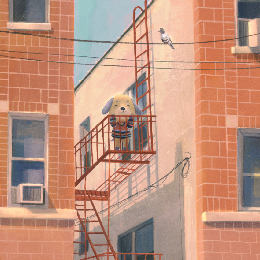 animal_crossing bird building closed_eyes closed_mouth daisy_(animal_crossing) day dog fawn_(fawnyawns) highres outdoors pigeon power_lines scenery sky stairs standing striped striped_sweater sweater window