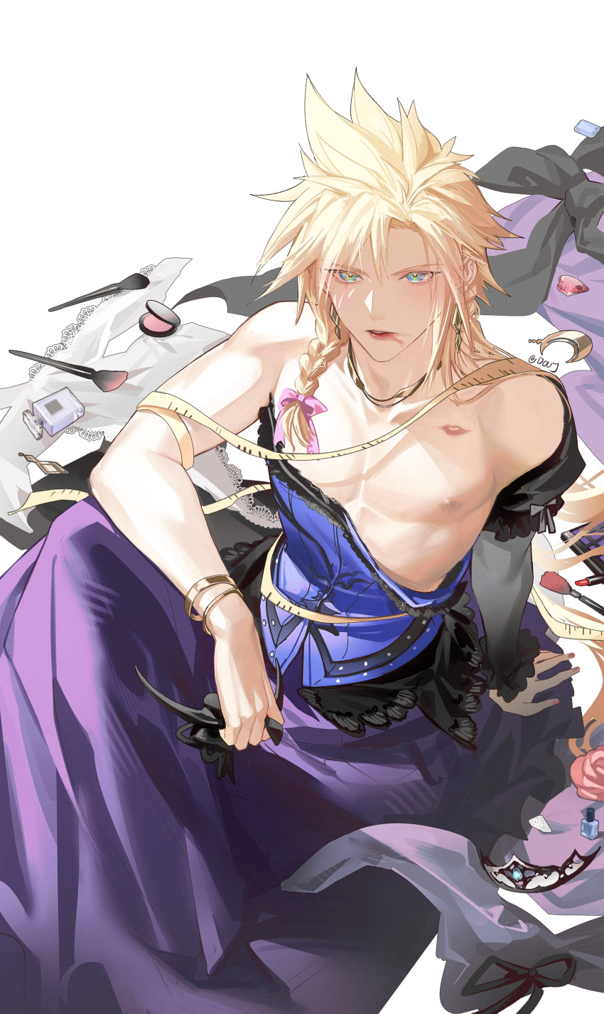 1boy absurdres blonde_hair bra bra_strap cloud_strife crossdressing dress duoj_ji final_fantasy final_fantasy_vii final_fantasy_vii_remake highres lipstick lipstick_mark looking_at_viewer makeup male_focus off_shoulder official_alternate_costume pectorals sitting smeared_lipstick solo spiked_hair tape_measure underwear