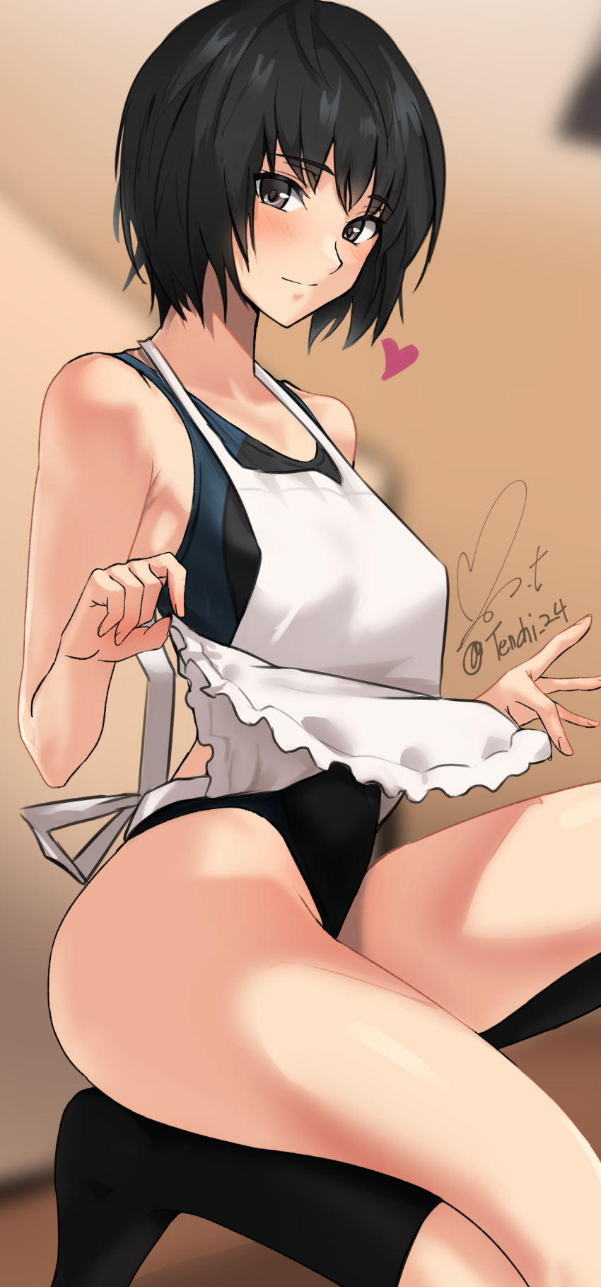 1girl absurdres amagami apron apron_lift black_hair black_socks brown_eyes competition_swimsuit heart highres looking_at_viewer nanasaki_ai one-piece_swimsuit one-piece_thong short_hair signature socks solo squatting swimsuit thighs white_apron yoo_tenchi