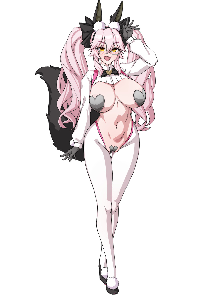 1girl animal_ear_fluff animal_ears black_bow black_gloves blush bow breasts collared_shirt cropped_shirt fate/grand_order fate_(series) fox_tail full_body glasses gloves hair_between_eyes hair_bow high_heels highres koyanskaya_(fate) large_breasts long_hair long_sleeves looking_at_viewer muta_poo open_mouth pantyhose pink_hair rabbit_ears shirt sidelocks smile solo tail tamamo_(fate) twintails white_pantyhose white_shirt yellow_eyes