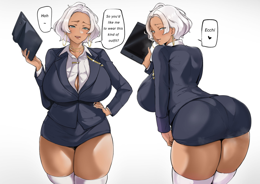 1girl absurdres ahoge ass black_jacket black_skirt breasts cleavage collared_shirt dark-skinned_female dark_skin earrings english_text from_behind gold_choker green_eyes gundam gundam_suisei_no_majo hair_tuft hand_on_own_hip highres holding holding_tablet_pc hoop_earrings huge_breasts jacket jewelry leaning_forward looking_at_viewer multiple_views nail_polish office_lady pantylines parted_bangs parted_lips pencil_skirt puzenketsu secelia_dote shirt short_hair skindentation skirt smile speech_bubble tablet_pc thick_thighs thighhighs thighs white_background white_hair white_nails white_shirt white_thighhighs