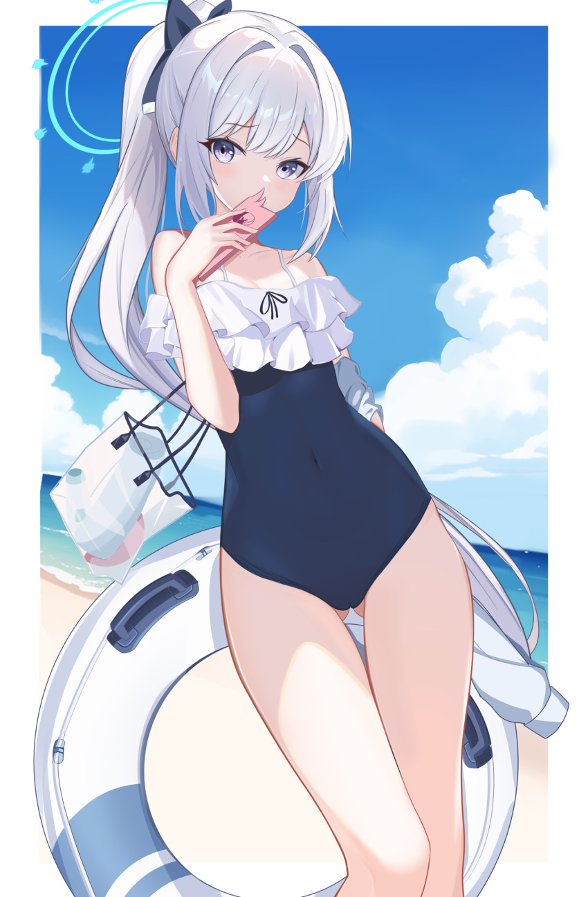 1girl ass_visible_through_thighs bare_legs bare_shoulders beach black_one-piece_swimsuit blue_archive blue_halo cellphone day feet_out_of_frame frilled_one-piece_swimsuit frills grey_hair halo highres holding holding_phone innertube long_hair looking_at_viewer miyako_(blue_archive) miyako_(swimsuit)_(blue_archive) ocean off-shoulder_one-piece_swimsuit off_shoulder one-piece_swimsuit outdoors phone ponytail purple_eyes smartphone solo swimsuit zhnyy3