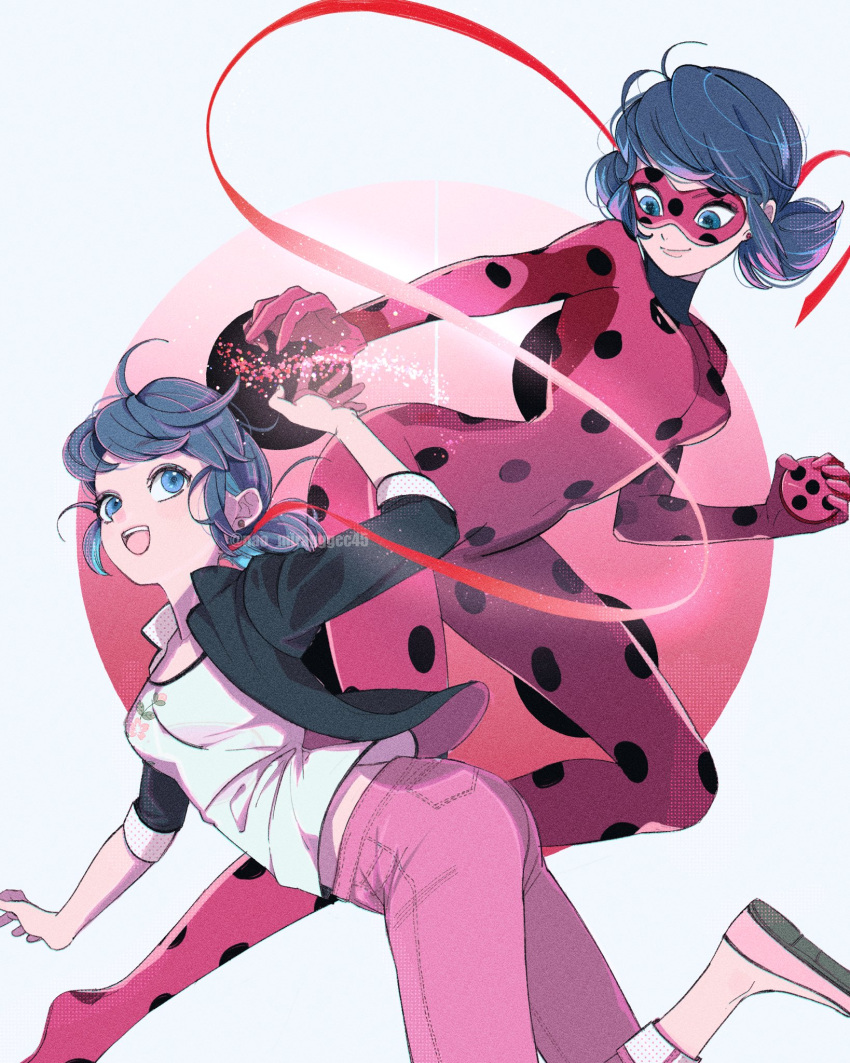 2girls :d ahoge black_bodysuit black_jacket blue_eyes blue_hair bodysuit domino_mask dual_persona earrings from_side highres jacket jewelry ladybug_(character) long_hair long_sleeves marinette_dupain-cheng mask miraculous_ladybug multiple_girls open_clothes open_jacket pants pink_pants polka_dot red_background red_bodysuit seio_(nao_miragggcc45) shirt shoes short_hair smile superhero teeth twintails upper_teeth_only white_background white_shirt
