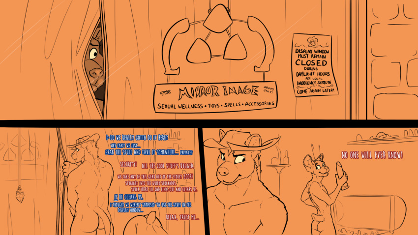 anthro butt comic cougar cricket_talot dialogue dildo dungeons_and_dragons duo fek felid feline gnoll hasbro hi_res hyena male male/male mammal nervous semi_public sex_toy tabaxi thacharay_weeds wizards_of_the_coast