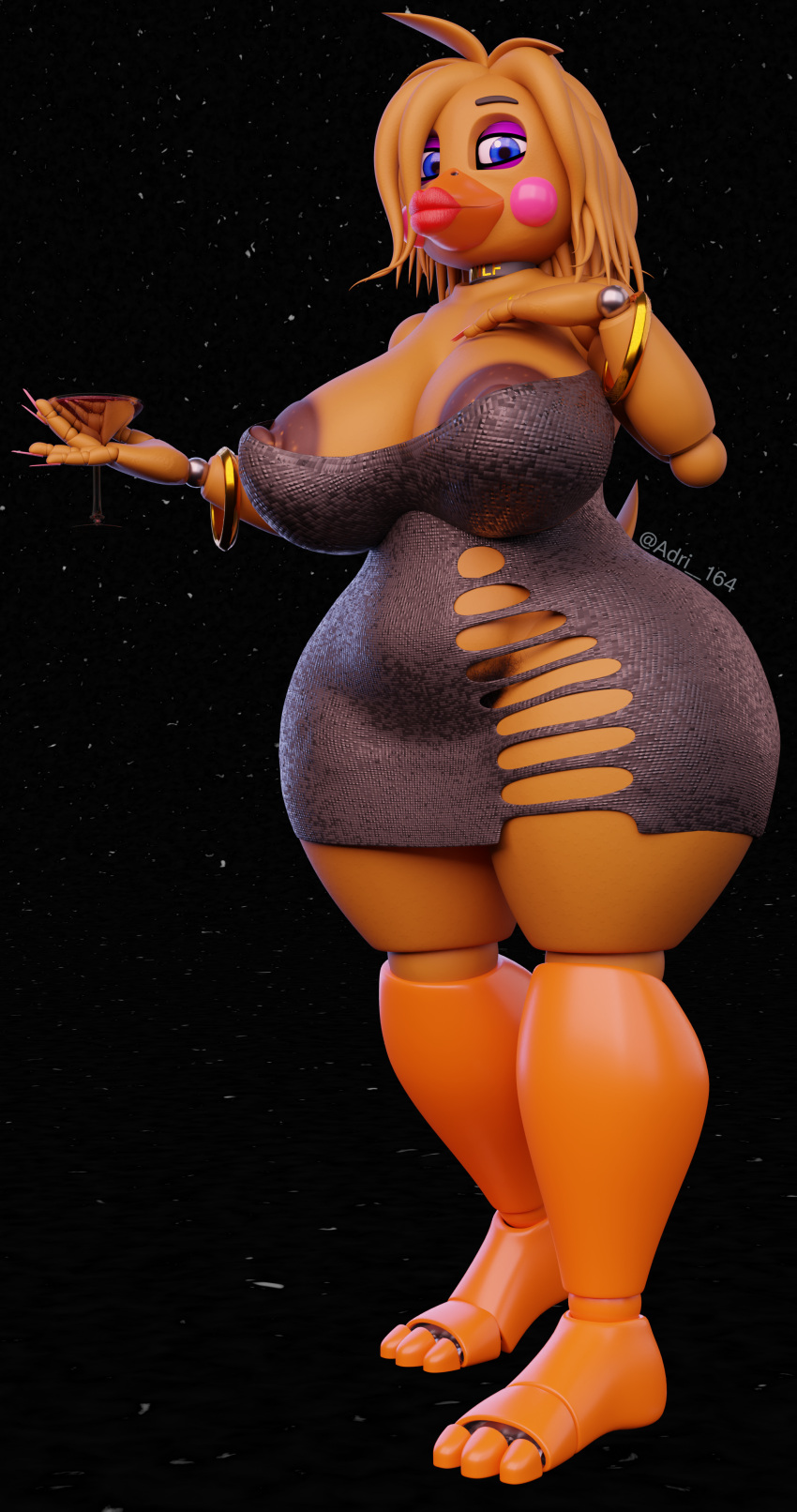 135:256 3d_(artwork) 4k absurd_res adri164 animatronic areola areola_slip avian beak belly big_areola big_breasts big_nipples bird blue_eyes breasts brown_areola chicken clothed clothing colored_nails container cup digital_media_(artwork) dress english_text female five_nights_at_freddy's five_nights_at_freddy's_2 flashing galliform gallus_(genus) hair hand_on_breast hi_res holding_container holding_cup holding_object lips lipstick long_nails looking_at_viewer machine makeup nails nipple_slip nipples no_underwear phasianid pink_nails pubes red_lipstick robot scottgames slightly_chubby solo text thick_lips thick_thighs toy_chica_(fnaf) wide_hips yellow_body