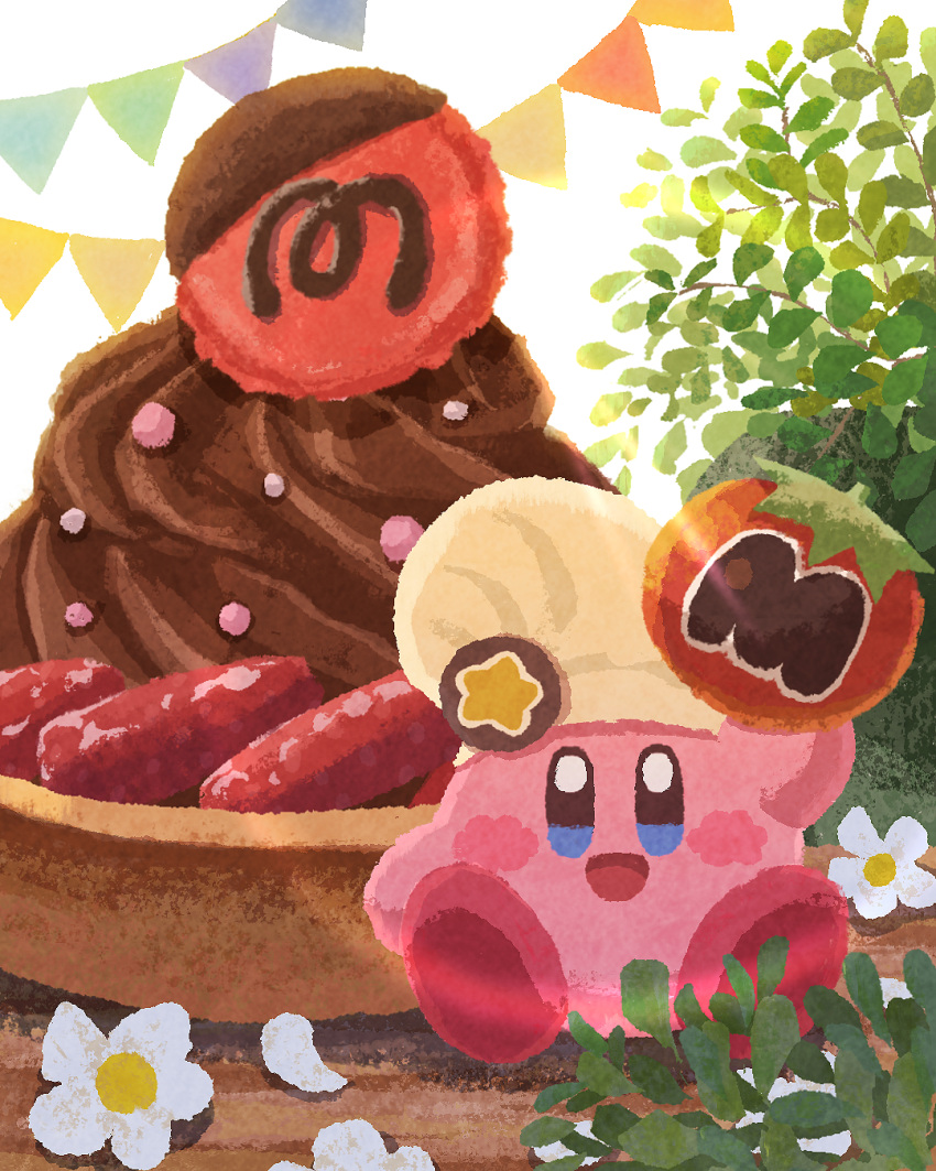 badge blue_eyes blush_stickers chef_hat chocolate flower food food_focus fruit hat highres holding holding_food kirby kirby_(series) kirby_cafe long_hair maxim_tomato miclot open_mouth pink_footwear shoes smile strawberry tart_(food) white_flower white_headwear