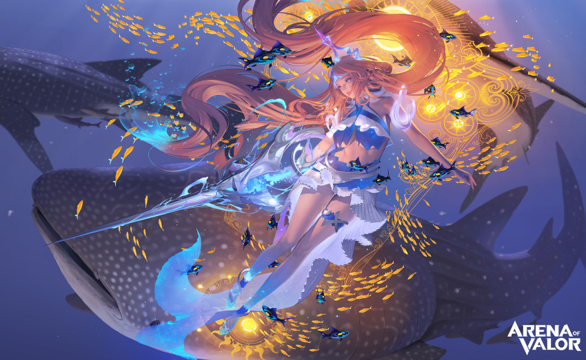 1girl arena_of_valor bare_shoulders blonde_hair blue_eyes breasts butterfly_(arena_of_valor) crystal crystal_hair_ornament fish frilled_shirt frilled_skirt frills gloves glowing glowing_weapon halterneck highres holding holding_weapon hyulla large_breasts liquid_hair long_hair magic_circle mermaid_dress official_alternate_costume official_art school_of_fish shark shirt single_glove skirt thigh_strap tiara tropical_fish underboob underwater very_long_hair weapon whale_shark
