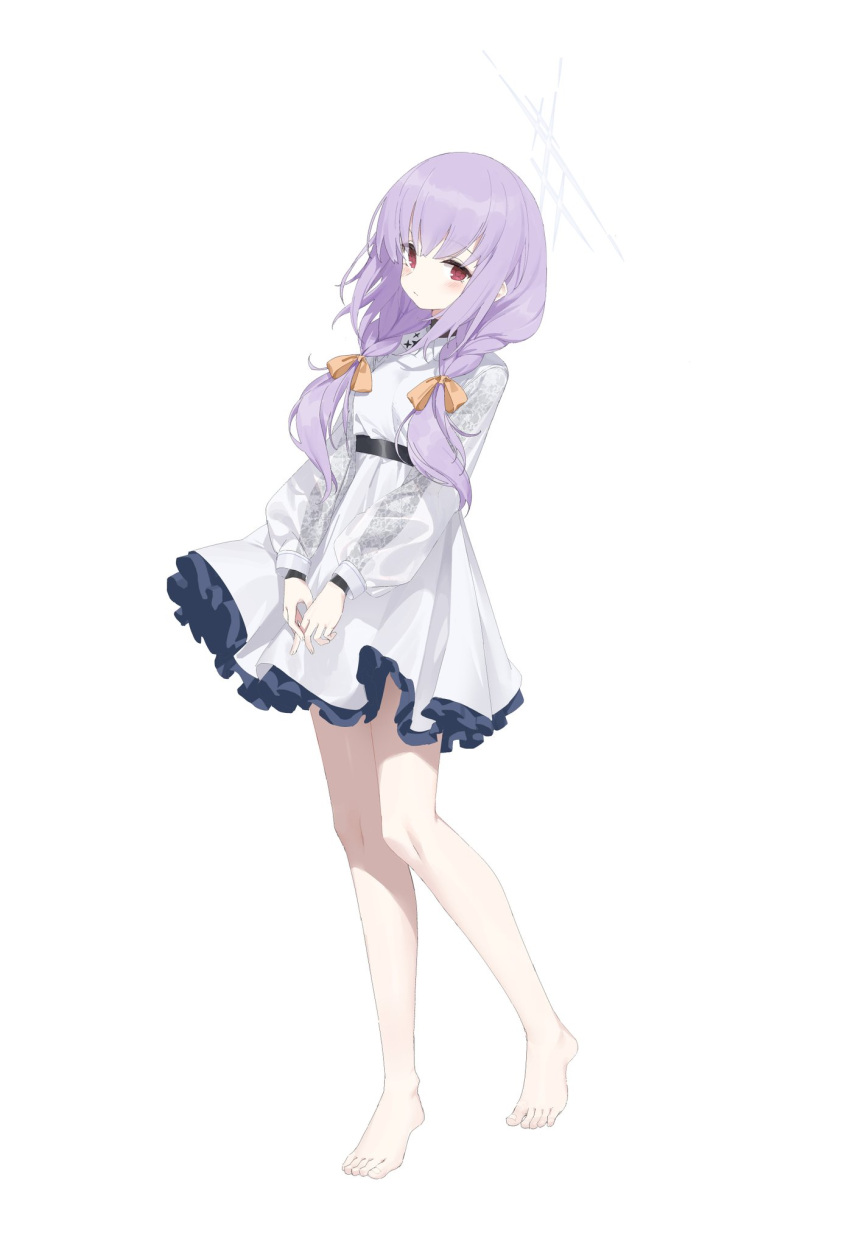 1girl 2t_(vmyz7342) atsuko_(blue_archive) bare_legs belt black_belt blue_archive blush braid closed_mouth dress feet frilled_dress frills full_body hair_ribbon halo highres jacket lace_sleeves long_sleeves looking_at_viewer low_twin_braids purple_hair red_eyes ribbon sidelocks simple_background solo twin_braids white_background white_dress yellow_ribbon
