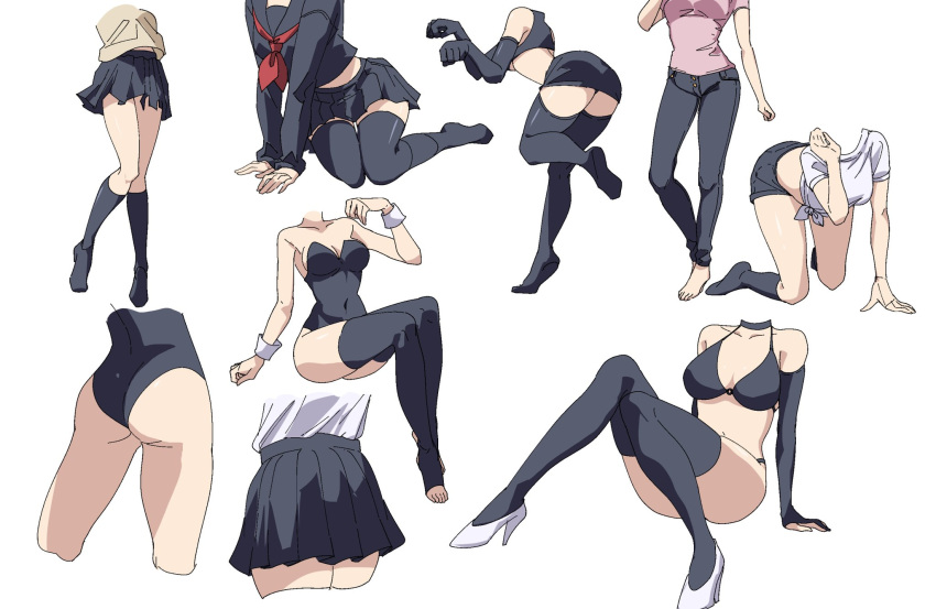1girl all_fours arm_support ass bare_shoulders barefoot black_bra black_gloves black_leotard black_one-piece_swimsuit black_shorts black_skirt black_socks black_thighhighs bra breasts choker cleavage covered_navel cropped_legs elbow_gloves gloves halterneck head_out_of_frame high_heels highres invisible_chair kneehighs leotard long_sleeves medium_breasts momomatang multiple_views navel neckerchief no_shoes one-piece_swimsuit original partially_fingerless_gloves paw_pose red_neckerchief sailor_collar school_uniform serafuku shirt shirt_tucked_in short_shorts short_sleeves shorts sitting skirt socks swimsuit thighhighs tied_shirt underwear white_footwear white_shirt wrist_cuffs yellow_shirt