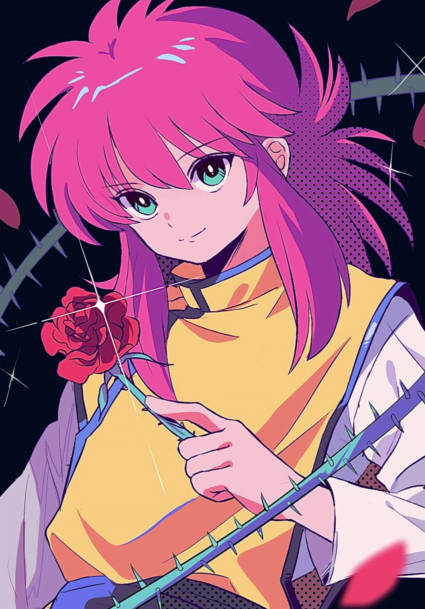 1boy black_background blue_eyes flower hair_between_eyes highres holding holding_flower kurama_(yu_yu_hakusho) long_hair long_sleeves looking_at_viewer male_focus petals plant red_flower red_hair red_rose rose sanamaru_(sana79261827) shirt smile solo upper_body vest vines white_shirt yellow_vest yu_yu_hakusho