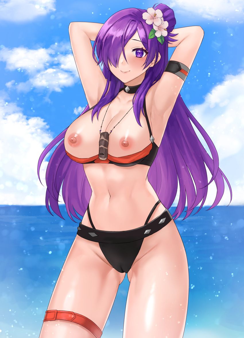 1girl absurdres armband armpits arms_up bare_shoulders bikini bikini_pull black_bikini black_choker blue_sky blush breasts cameltoe choker closed_mouth clothes_pull cloud commentary commission cowboy_shot day fire_emblem fire_emblem:_three_houses fire_emblem_heroes fire_emblem_warriors:_three_hopes flower groin hair_bun hair_flower hair_ornament hazuki_(nyorosuke) highres jewelry large_breasts leaf long_hair looking_at_viewer navel necklace official_alternate_costume pink_flower purple_eyes purple_hair shez_(female)_(fire_emblem) shez_(female)_(summer)_(fire_emblem) shez_(fire_emblem) skeb_commission sky solo standing stomach swimsuit thigh_strap thighs very_long_hair