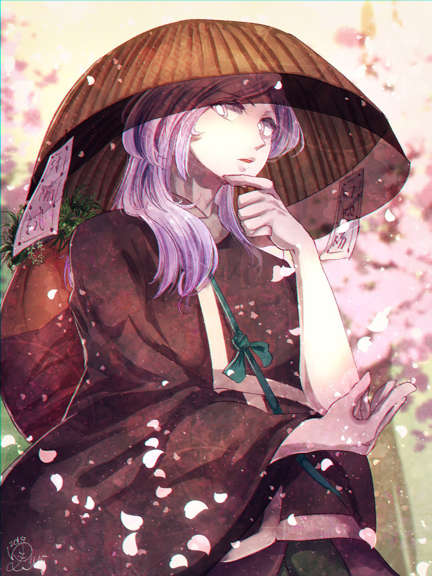 1other ajirogasa androgynous brown_kimono cherry_blossoms falling_petals hand_on_own_elbow hat highres holding_own_hair japanese_clothes kimono len'en long_hair long_sleeves looking_at_viewer ofuda ofuda_on_clothes other_focus outdoors petals plant potted_plant purple_eyes purple_hair sash shirami_souko signature solo strap tree upper_body vase veil white_sash wide_sleeves yukkyon_kyon
