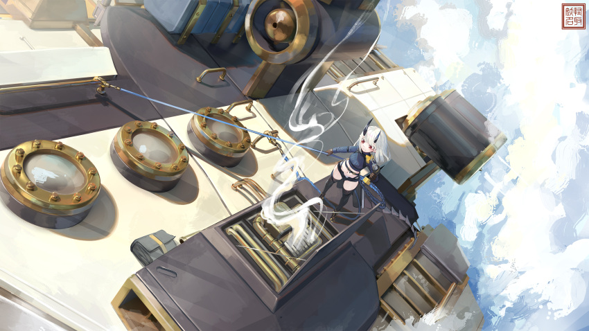 1girl absurdres aircraft black_shorts black_thighhighs blue_shirt boots brown_footwear brown_gloves closed_mouth cloud crop_top dirigible dutch_angle floating_hair gloves highres holding horns long_hair long_sleeves midriff natori_youkai navel open_clothes open_fly open_shorts original red_eyes shirt short_shorts shorts smoke solo thighhighs thighhighs_under_boots white_hair
