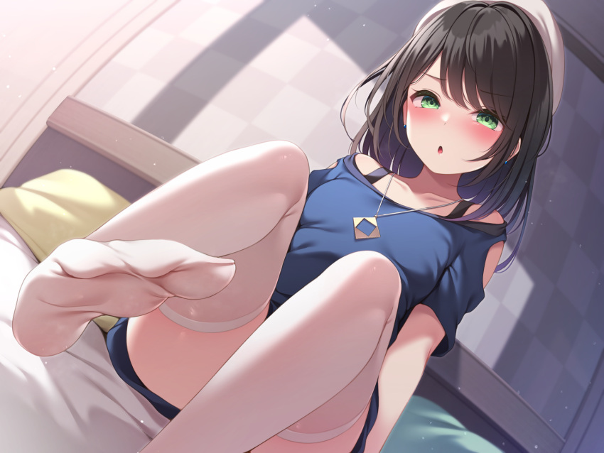1girl :o arm_up bed bed_sheet black_hair blue_shirt collarbone commentary_request ear_piercing feet green_eyes highres indoors jewelry long_hair looking_at_viewer necklace on_bed open_mouth original piercing pillow shirt short_sleeves sitting solo thighhighs toes toyosaki_shu white_headwear white_thighhighs
