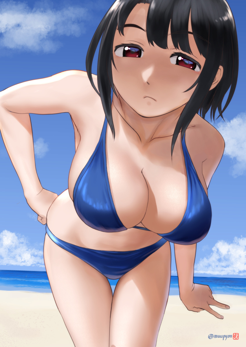 1girl beach bikini black_hair blue_bikini blue_sky breasts cleavage cloud collarbone day hand_on_own_hip highres horizon kantai_collection large_breasts looking_at_viewer mu-pyon ocean outdoors red_eyes short_hair sky solo swimsuit takao_(kancolle) v