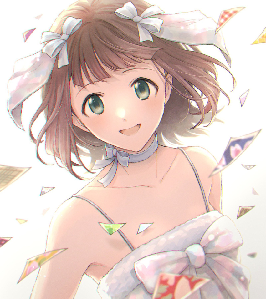 1girl amami_haruka bare_shoulders blush breasts brown_hair collarbone confetti dress fur-trimmed_dress fur_trim green_eyes hair_ribbon highres idolmaster idolmaster_(classic) idolmaster_million_live! idolmaster_million_live!_theater_days looking_at_viewer medium_breasts neck_ribbon nogoodlife open_mouth ribbon short_hair simple_background smile solo white_background white_ribbon