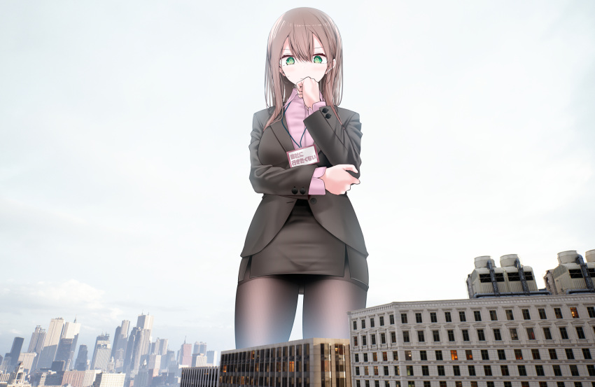 1girl @_@ arm_under_breasts black_jacket blush breasts brown_hair brown_pantyhose building cityscape clenched_hand closed_mouth collared_shirt cowboy_shot eyelashes fine_fabric_emphasis formal giant giantess green_eyes grey_sky hair_between_eyes hand_up highres jacket large_breasts miniskirt office_lady ol-chan_(oouso) oouso original pantyhose pencil_skirt photo_background pink_shirt shadow shirt sidelocks skirt skirt_suit solo standing suit sweatdrop thighs