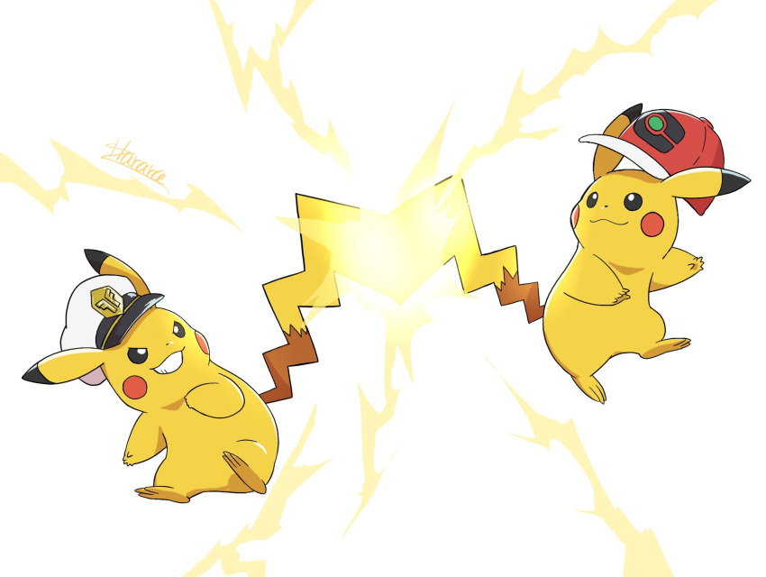 2023 3_toes 5_fingers ambiguous_gender ash's_pikachu baseball_cap captain_pikachu clothing dipstick_ears duo electricity feet feral fingers fur generation_1_pokemon grin harara hat headgear headwear hi_res male_(lore) mammal multicolored_ears nintendo pikachu pokemon pokemon_(species) red_cheeks rodent signature simple_background smile tails_touching toes white_background yellow_body yellow_fur