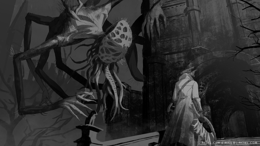 1other ambiguous_gender amygdala bloodborne building coat email_address facing_to_the_side gloves greyscale highres holding holding_weapon hunter_(bloodborne) l_aciel monochrome monster outdoors saw_cleaver solo stairs standing statue weapon