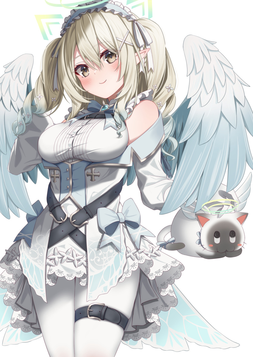 angel angel_wings bare_shoulders belt divergenceok drill_hair feathered_wings frills gradient_hair gradient_wings hair_ornament hairband halo highres multicolored_hair multicolored_wings nanase_eru pointy_ears thigh_belt thigh_strap varium virtual_youtuber winged_animal wings x_hair_ornament