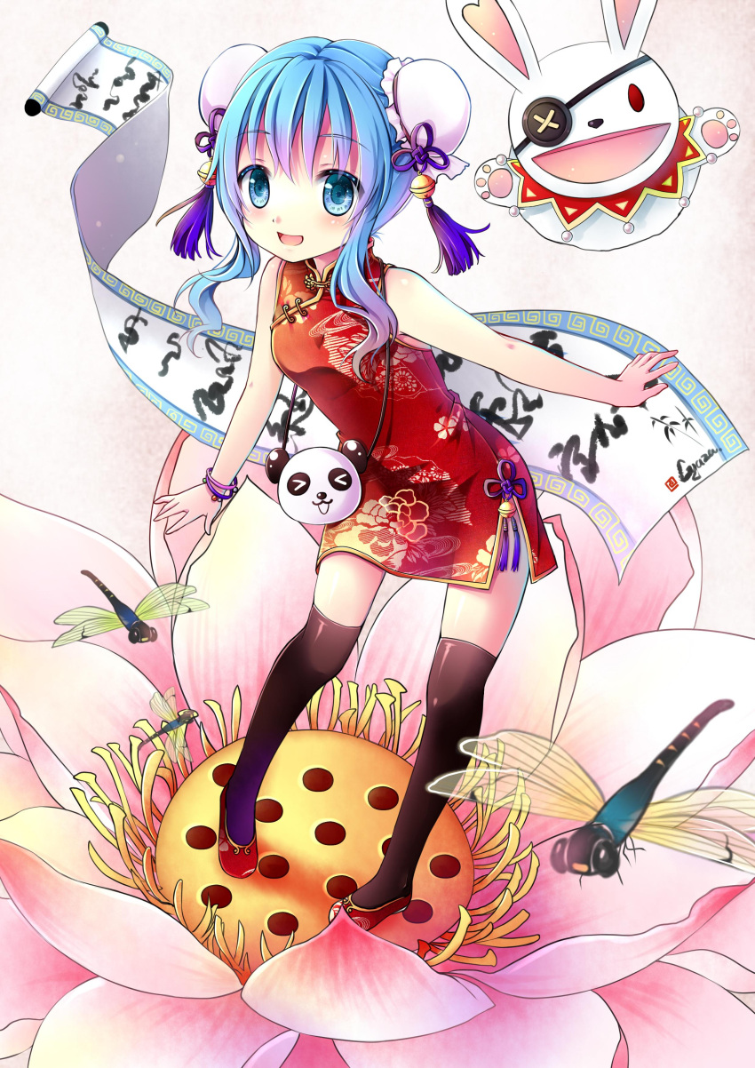 1girl :d absurdres black_thighhighs blue_eyes bracelet bug china_dress chinese_clothes date_a_live double_bun dragonfly dress flower full_body gyaza hair_bun hair_ornament highres jewelry leaning_forward looking_at_viewer lotus on_flower open_mouth photoshop_(medium) red_dress red_footwear shiny_clothes shiny_skin short_dress sidelocks sleeveless sleeveless_dress smile solo standing thighhighs yoshino_(date_a_live) yoshinon