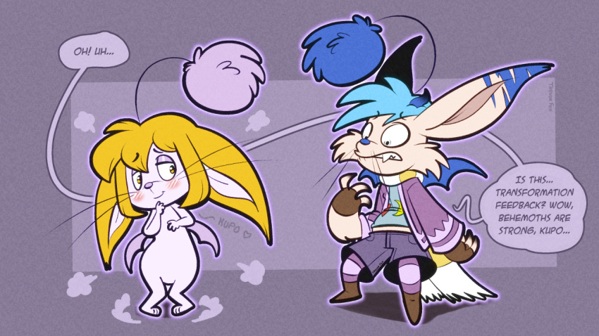 16:9 after_transformation antennae_(anatomy) bottomwear clothing dialogue erakir fantasy_creature implied_transformation ivalician_moogle jacket pom_antennae poof_effect scarf shorts topwear transformation trevor-fox widescreen wings