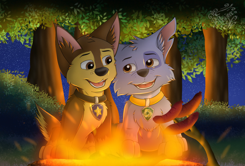 bonfire canid canine canis chase_(paw_patrol) chocky25 collar domestic_dog duo emblem feral german_shepherd herding_dog hi_res leaf looking_at_another male mammal mixed_breed night open_mouth open_smile pastoral_dog paw_patrol plant rocky_(paw_patrol) shrub smile star tongue tree