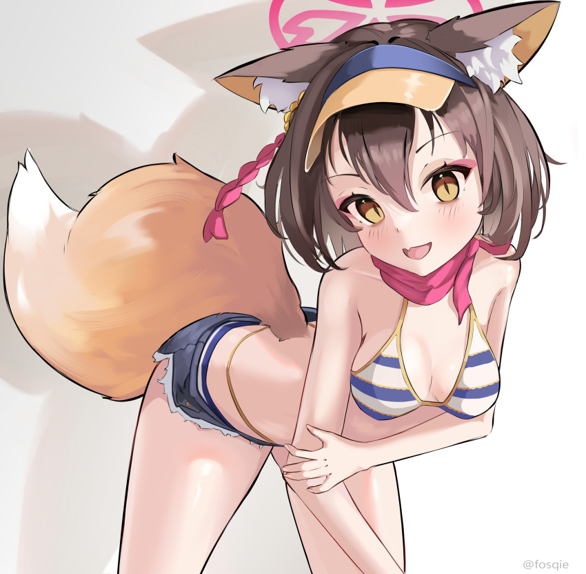 1girl :d absurdres animal_ear_fluff animal_ears ass bare_back bent_over bikini black_hair blue_archive breasts brown_eyes cleavage collarbone commentary_request crossed_arms denim denim_shorts eyeshadow flexible flower fosqie fox_ears fox_girl fox_tail hair_between_eyes hair_flower hair_ornament halo head_tilt highres izuna_(blue_archive) izuna_(swimsuit)_(blue_archive) looking_at_viewer makeup medium_breasts medium_hair official_alternate_costume one_side_up pom_pom_(clothes) pom_pom_hair_ornament short_shorts shorts sidelocks simple_background sleeveless smile solo stomach striped striped_bikini swimsuit tail twitter_username visor_cap white_background